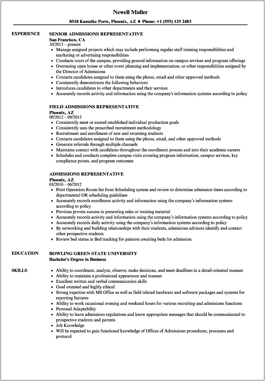 Admissions Counselor Objective For Resume