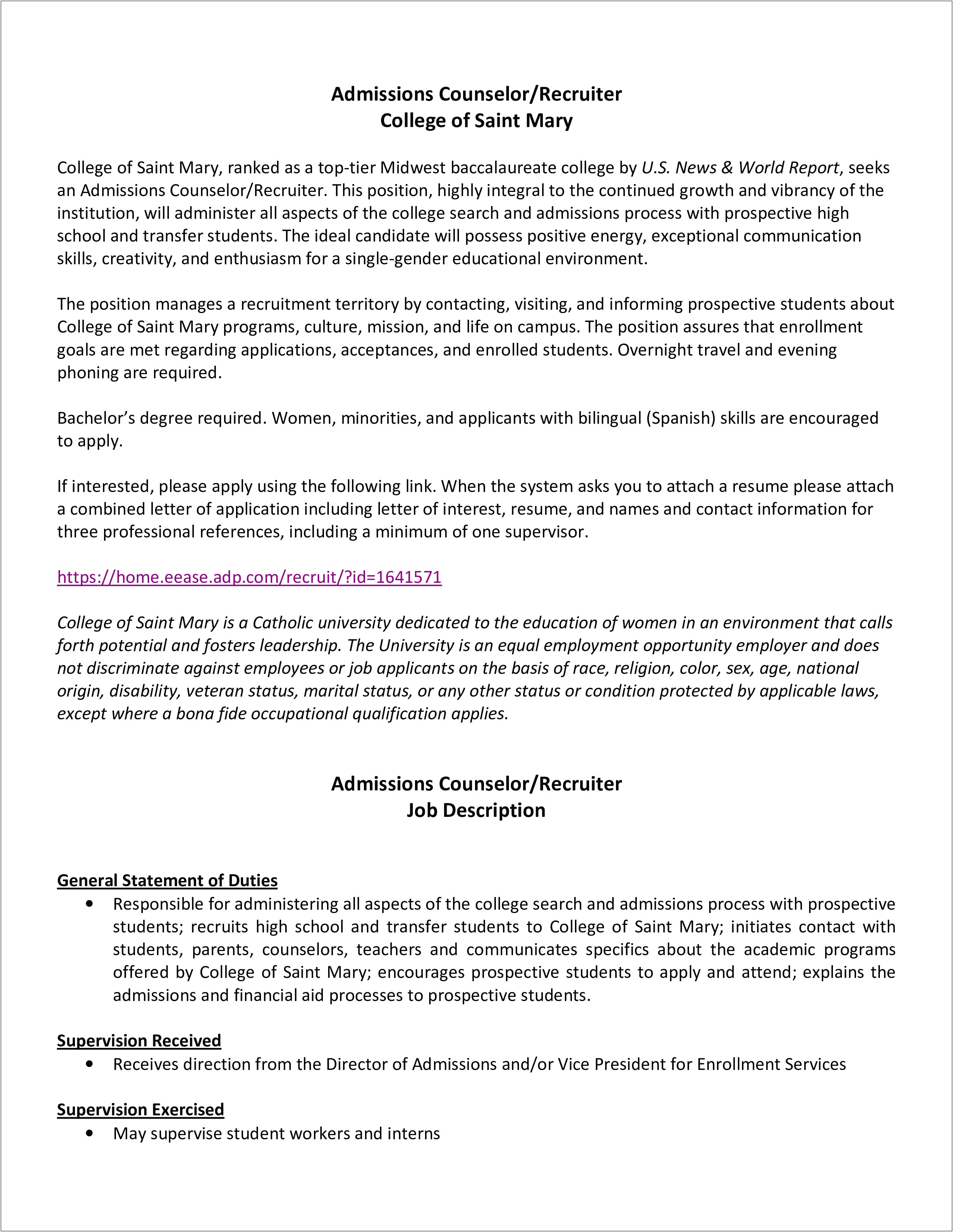 Admissions Counselor Resume Job Description