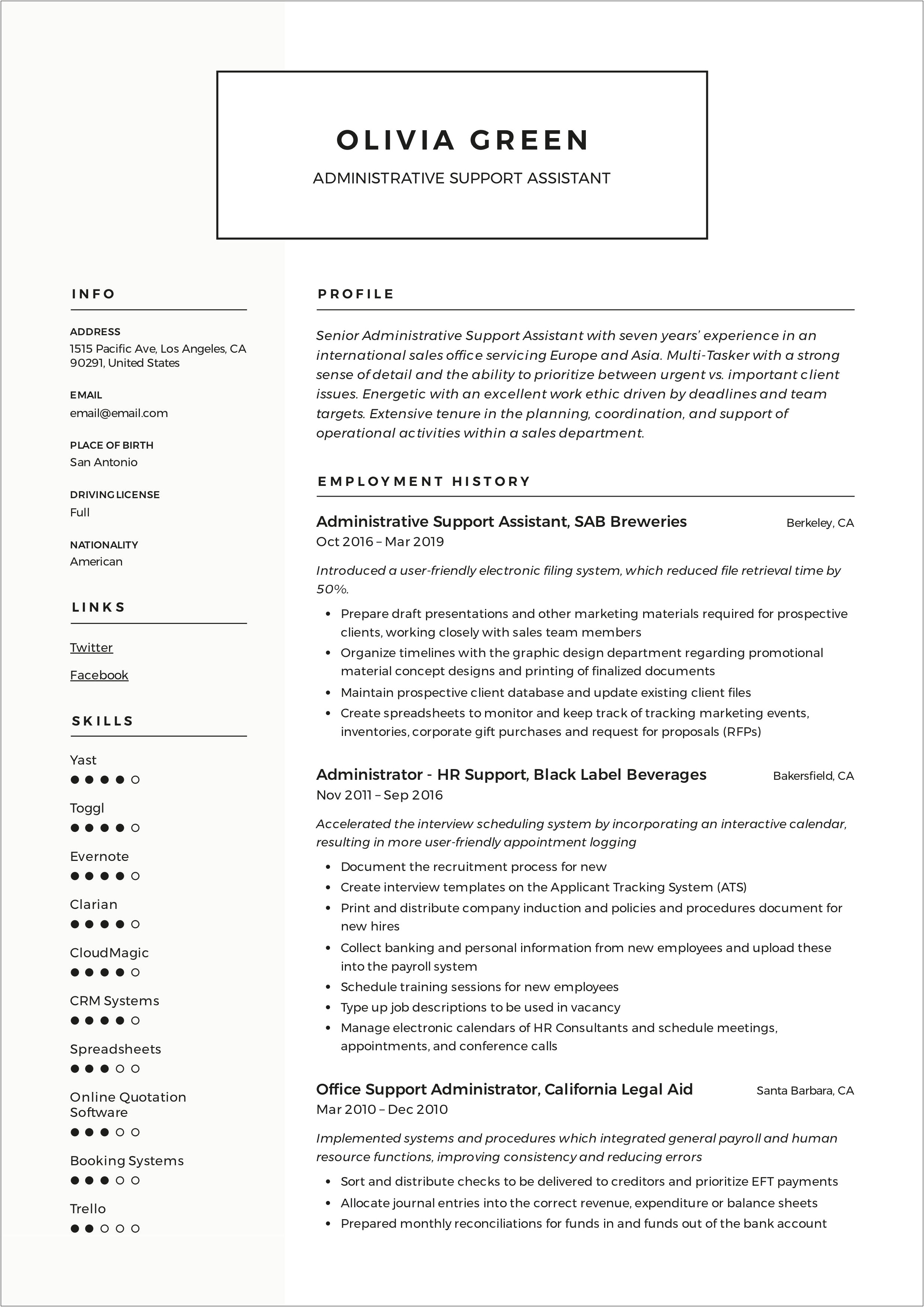 Admistrative Specialist Example Skills Resume