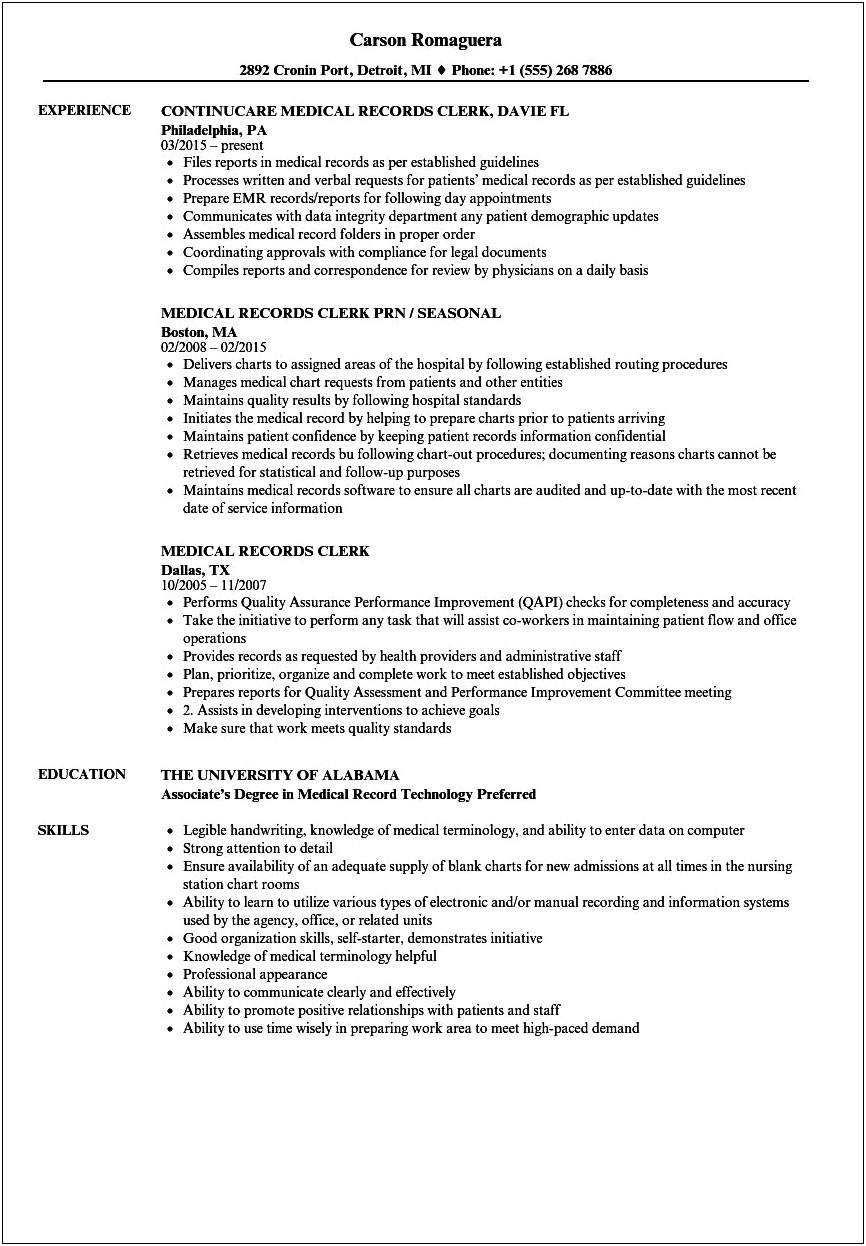 Admitting Clerk Job Description Resume