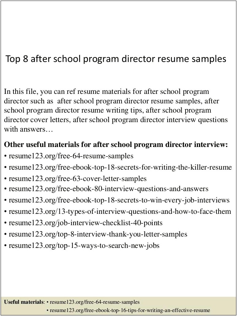 After School Program Description For Resume