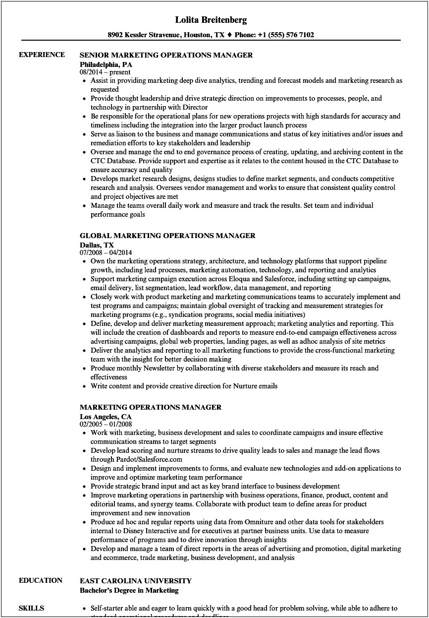 Agile Operations Manager Resume Sample