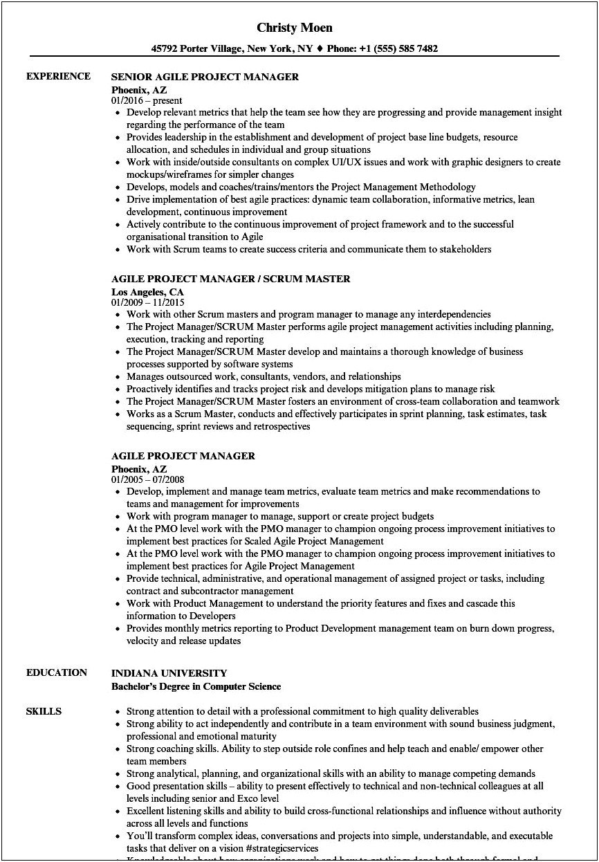 Agile Scrum Project Manager Resume