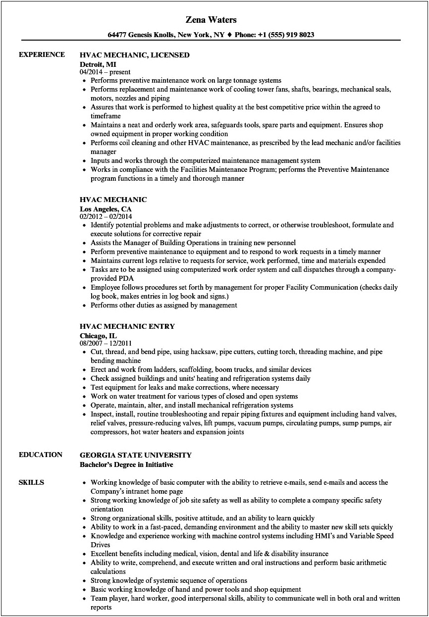Air Conditioning Technician Job Description Resume