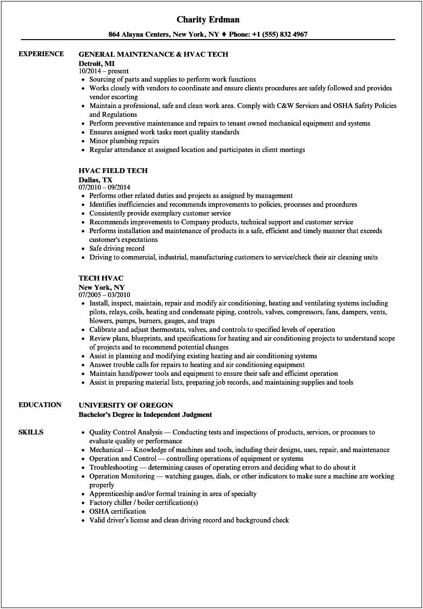 Air Conditioning Technician Resume Samples