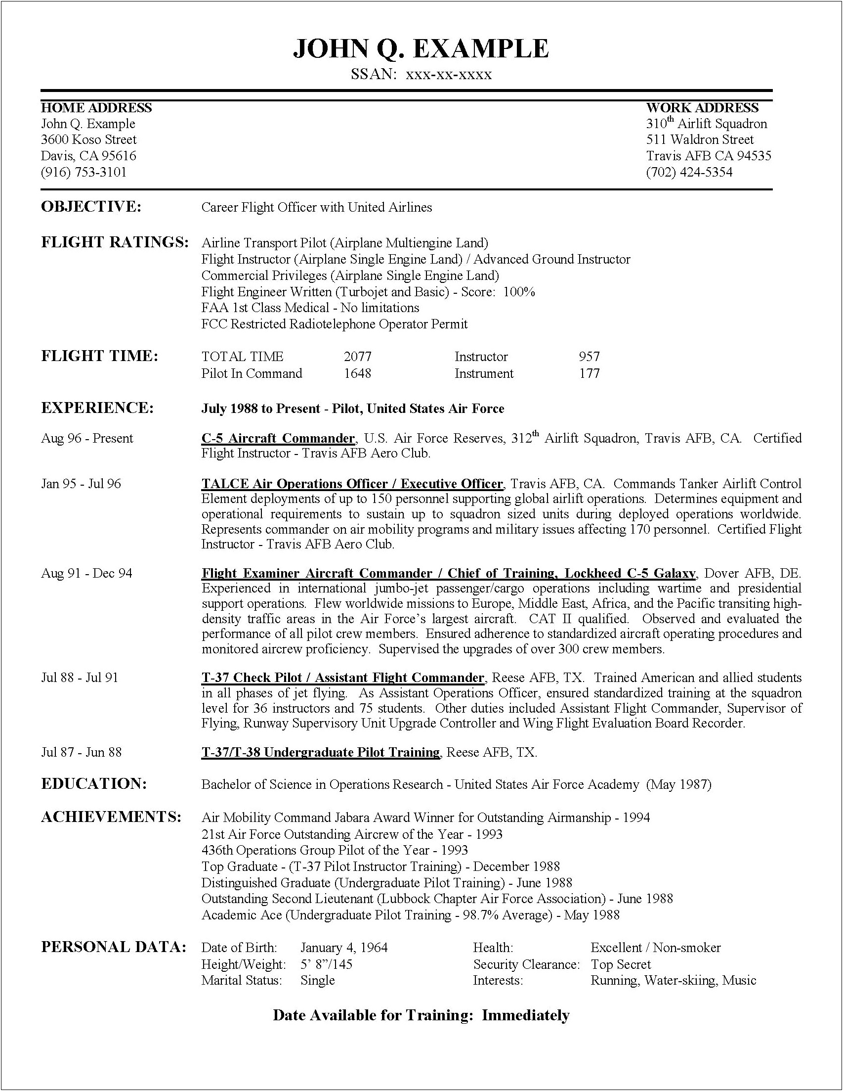 Air Force Reserve Resume Example