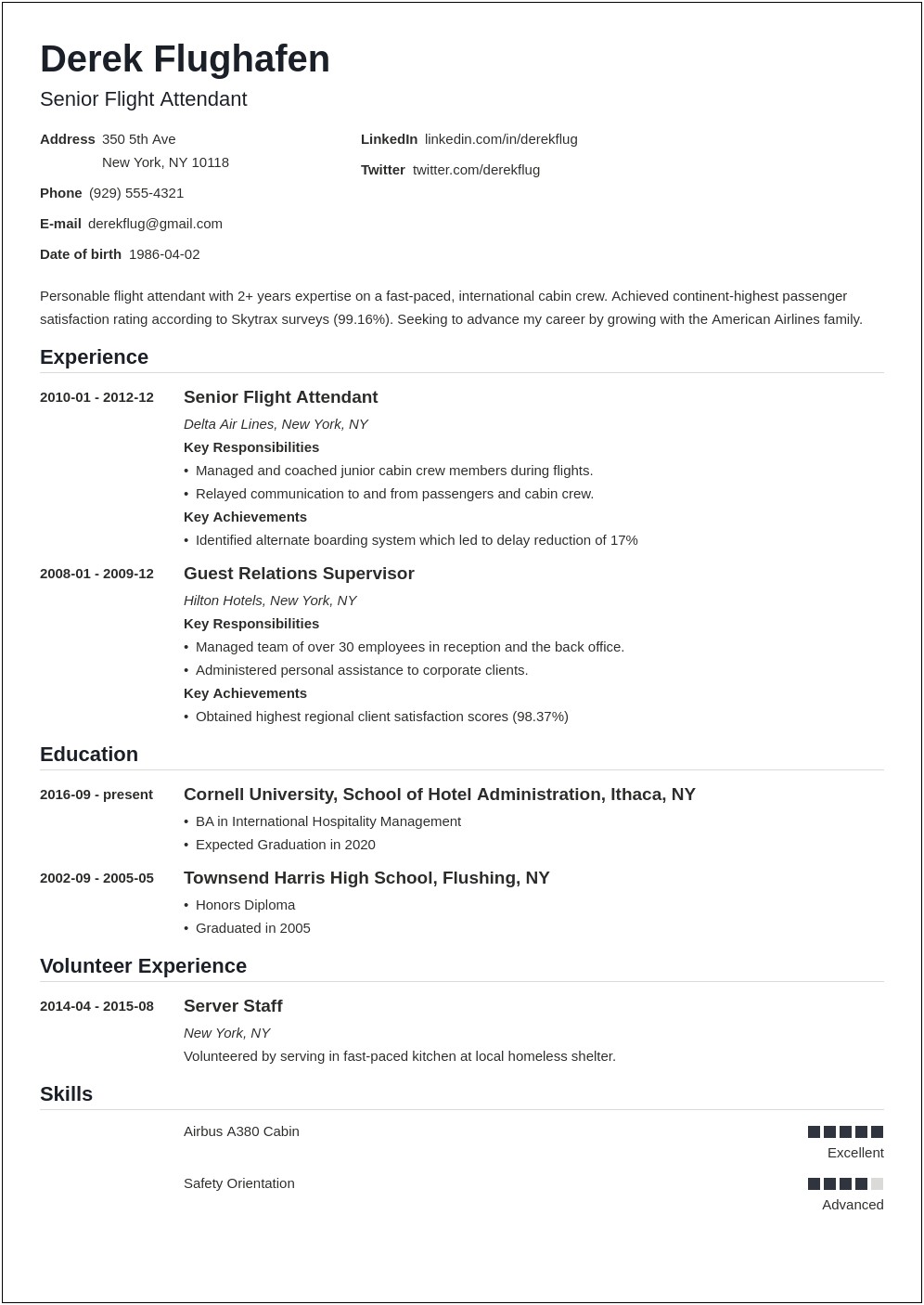 Air Hostess Resume With No Experience