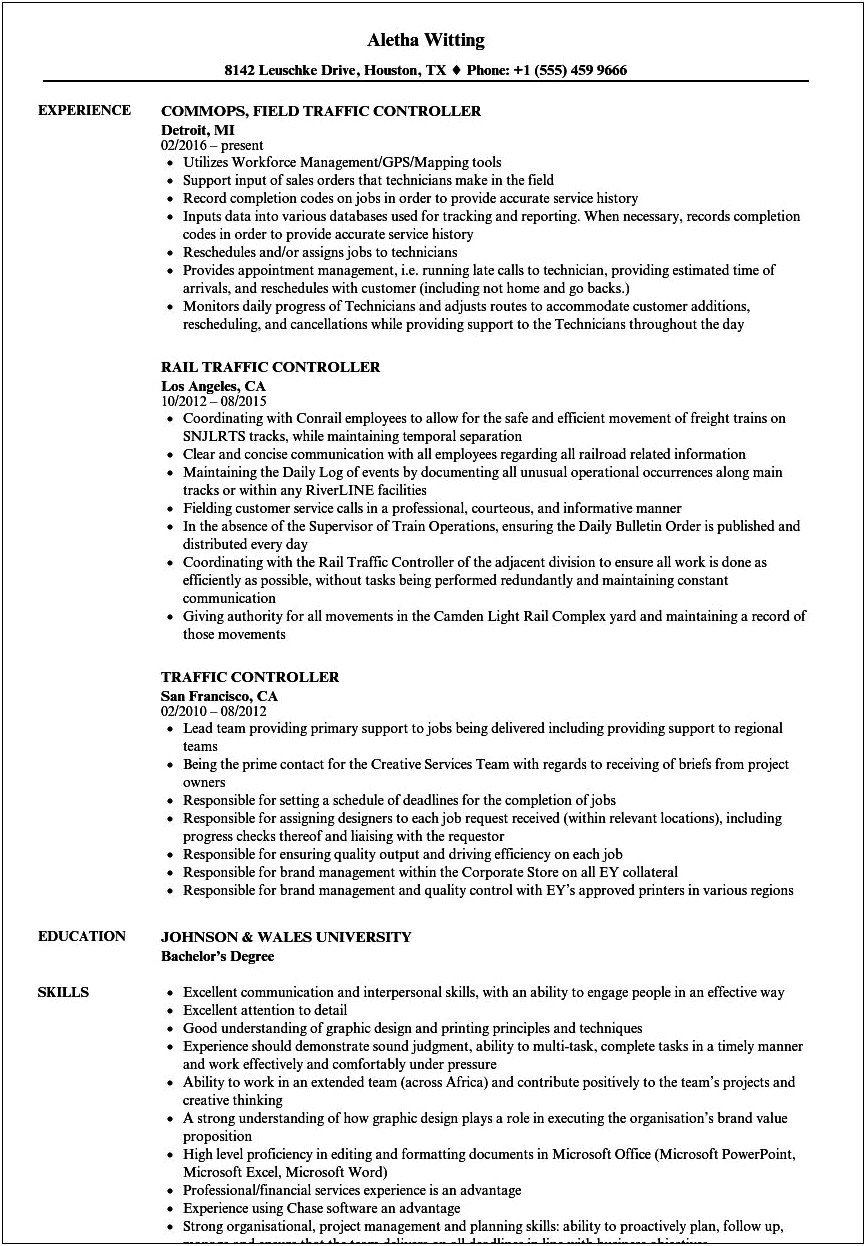 Air Traffic Control Manager Resume