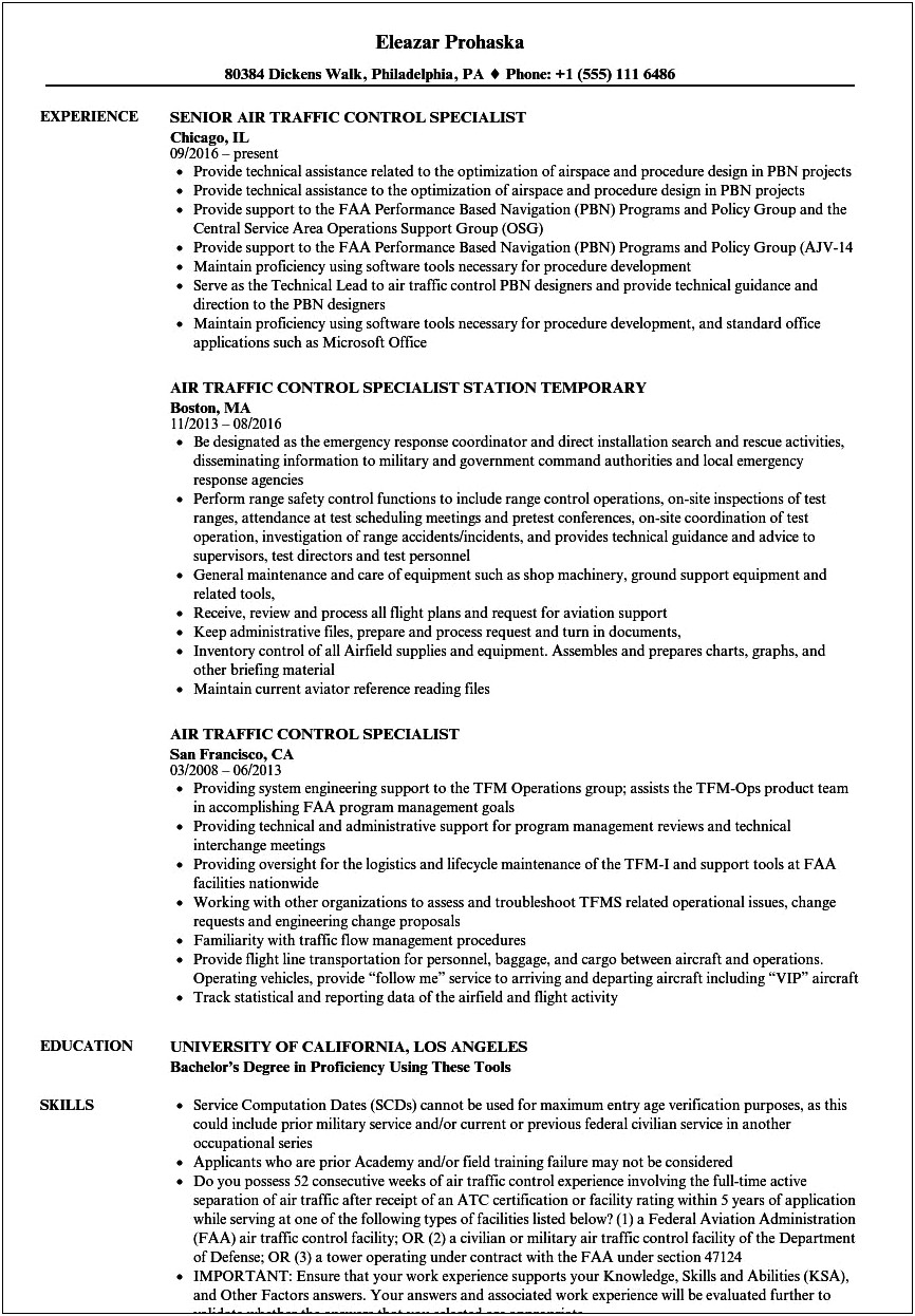Air Traffic Control Resume Examples