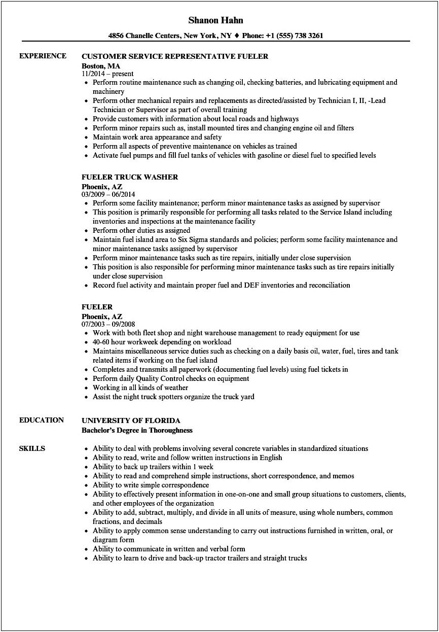 Aircraft Fueler Job Description Resume