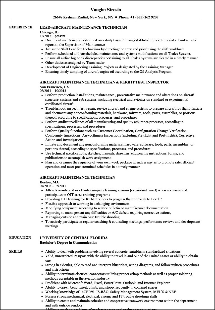 Aircraft Maintenance Job Description Resume