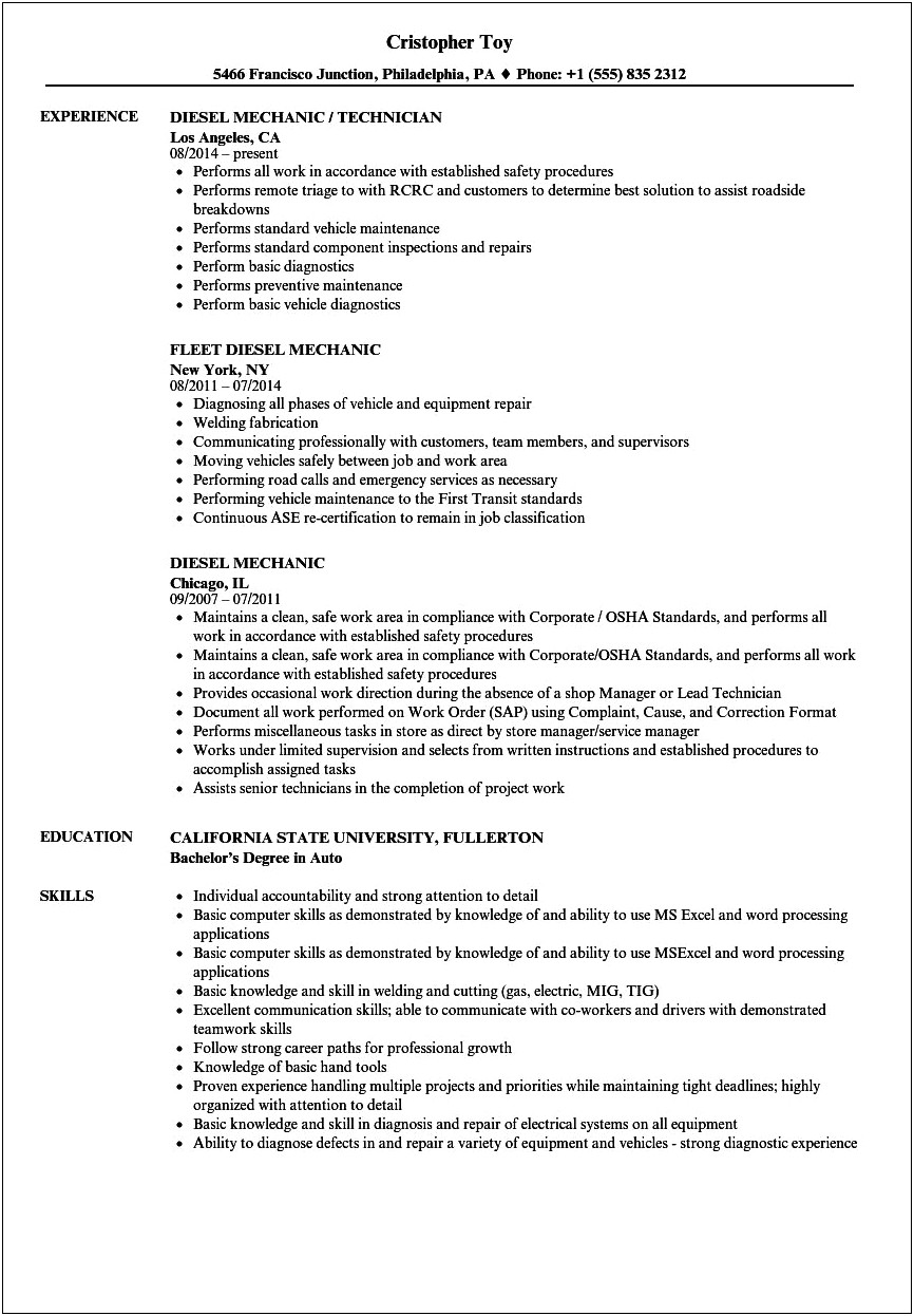Aircraft Mechanic Job Description For Resume