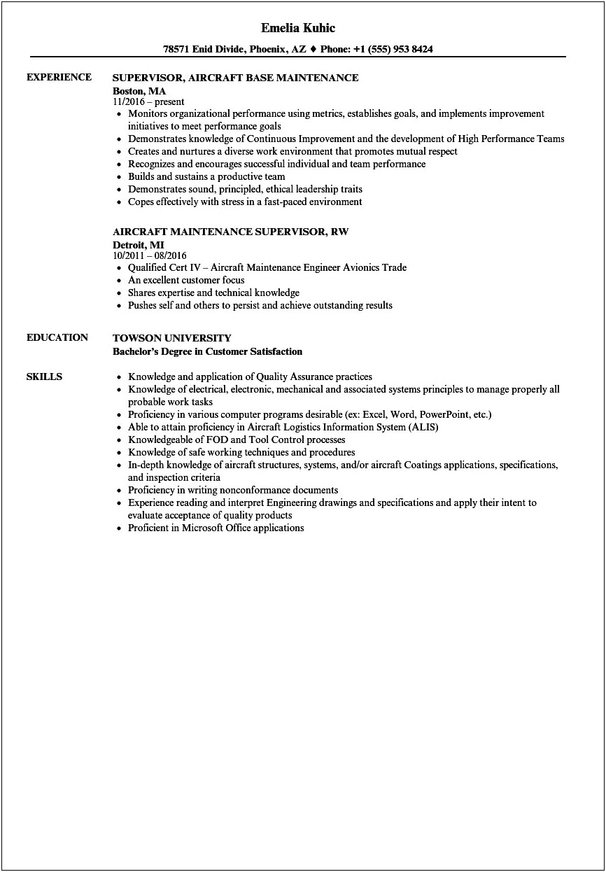 Aircraft Mechanic Job Description Resume