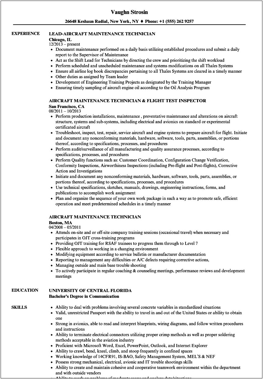 Aircraft Mechanic Resume Objective Examples