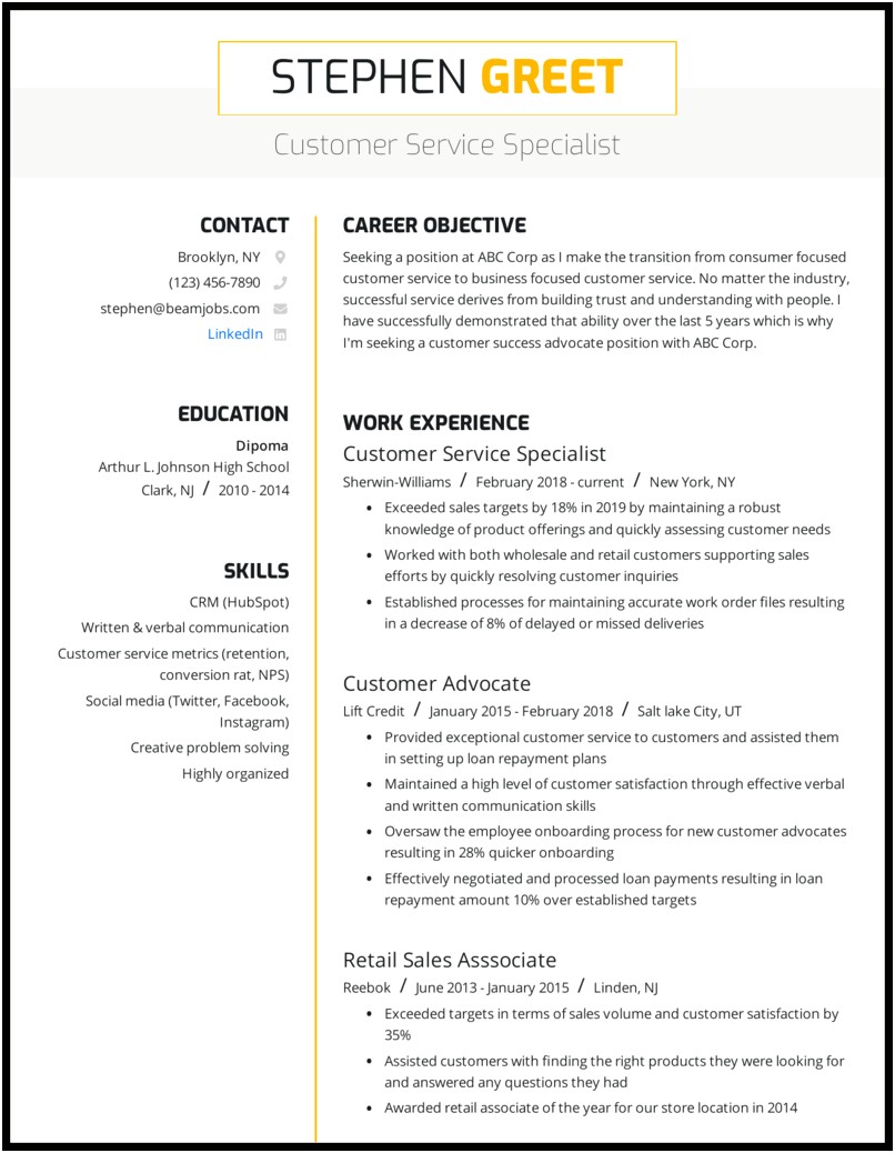 Airline Customer Service Agent Resume Example