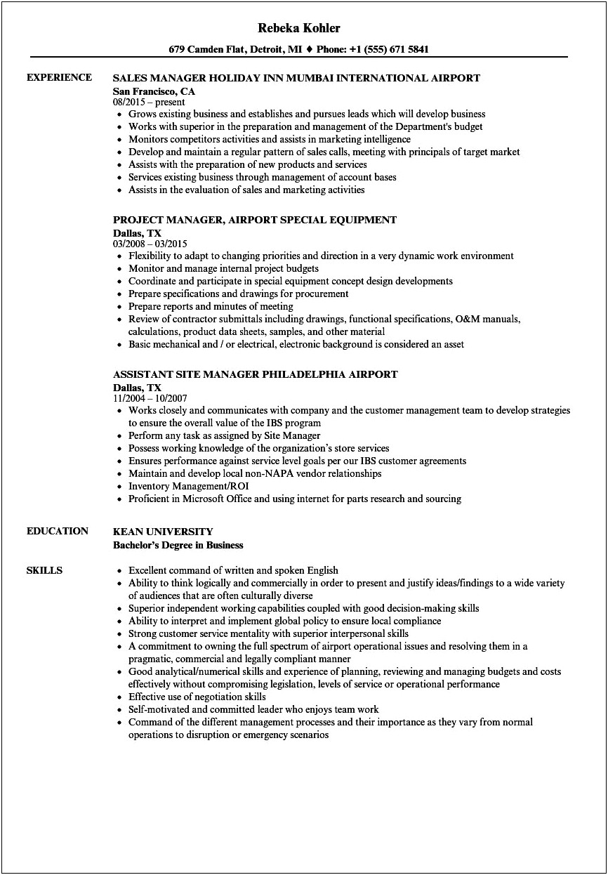 Airport Lounge Manager Resume Samples
