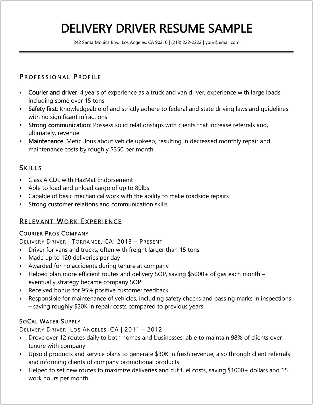 Amazon Delivery Driver Resume Sample