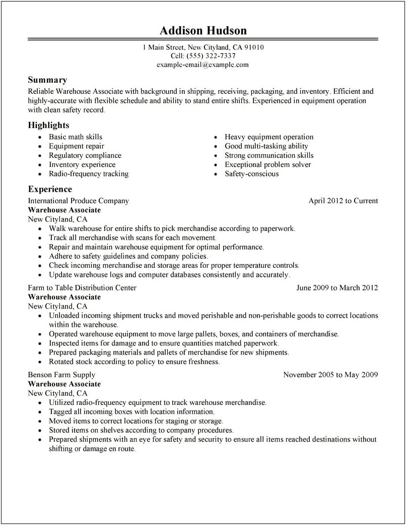 Amazon Warehouse Associate Job Description Resume