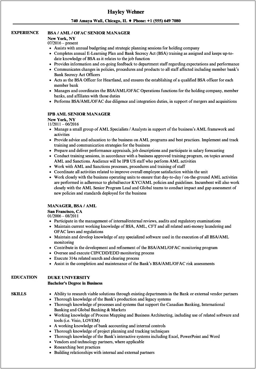 Aml Resume Sample Usd Clearing