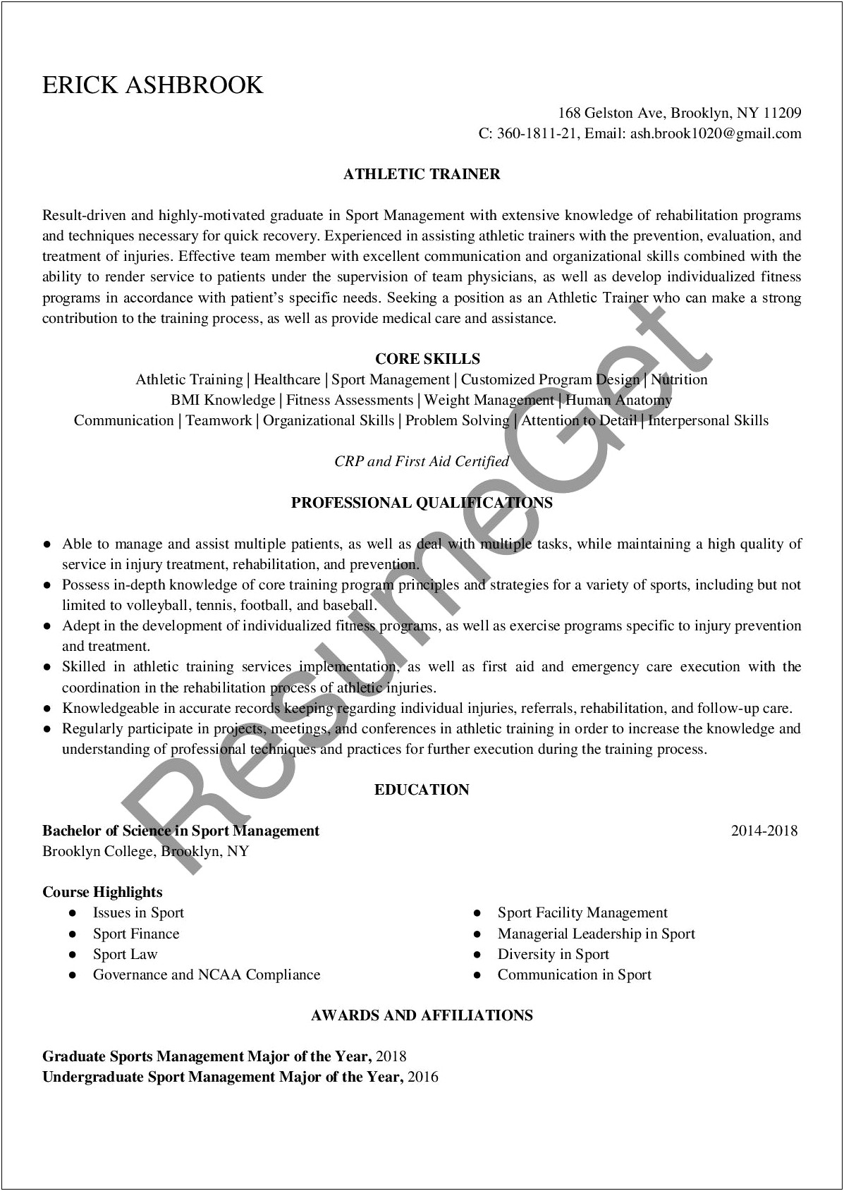 An Athletic Trainers Objective On A Resume