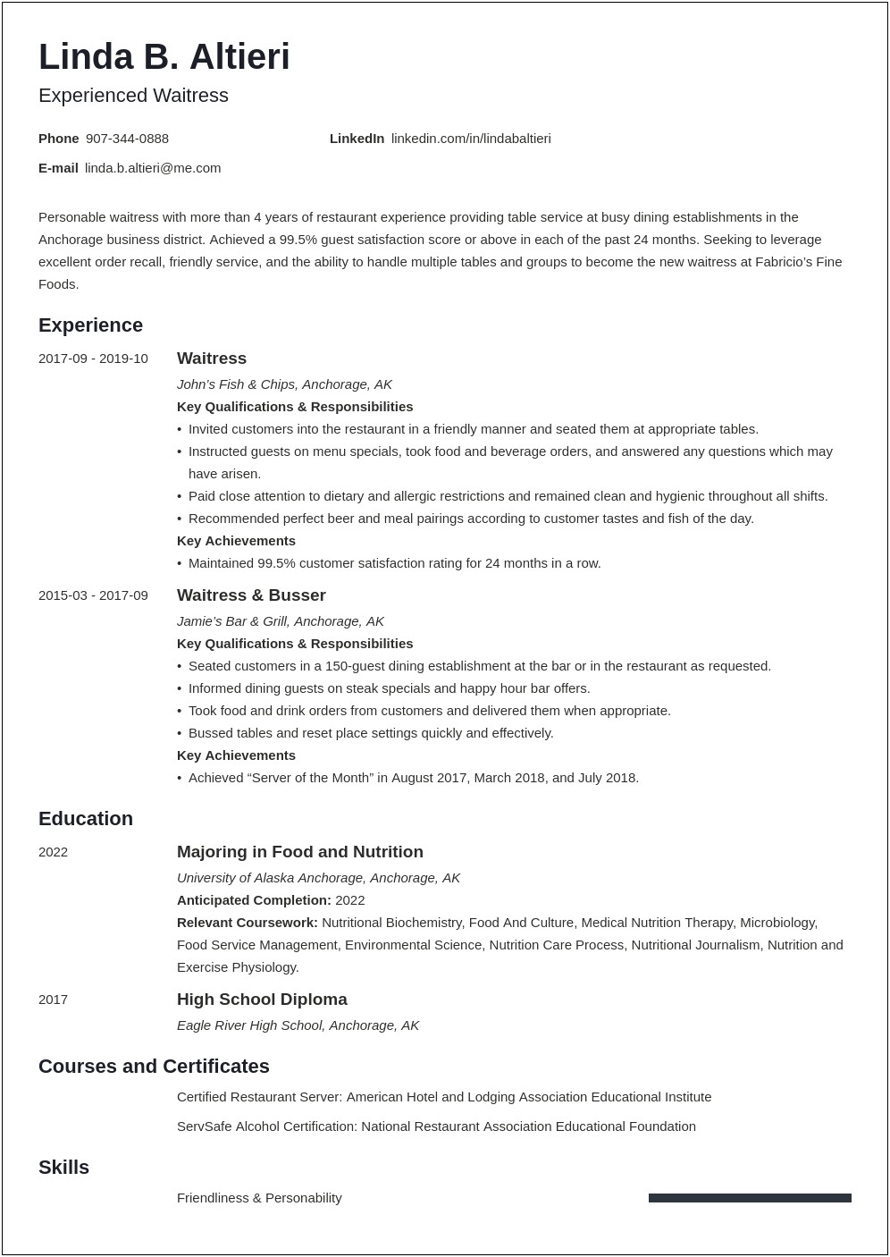 An Example For A Server Restaurant Resume