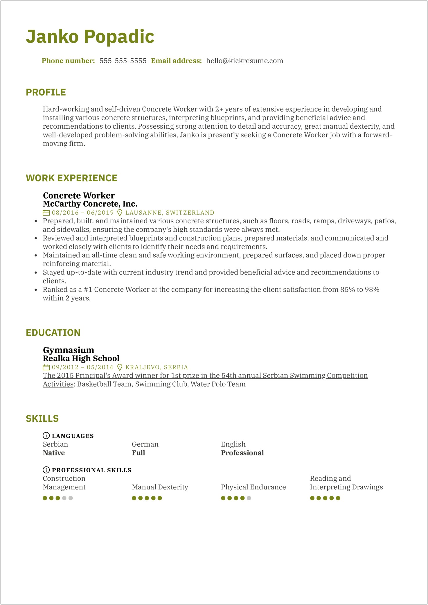 An Example Of A Construction Worker Resume