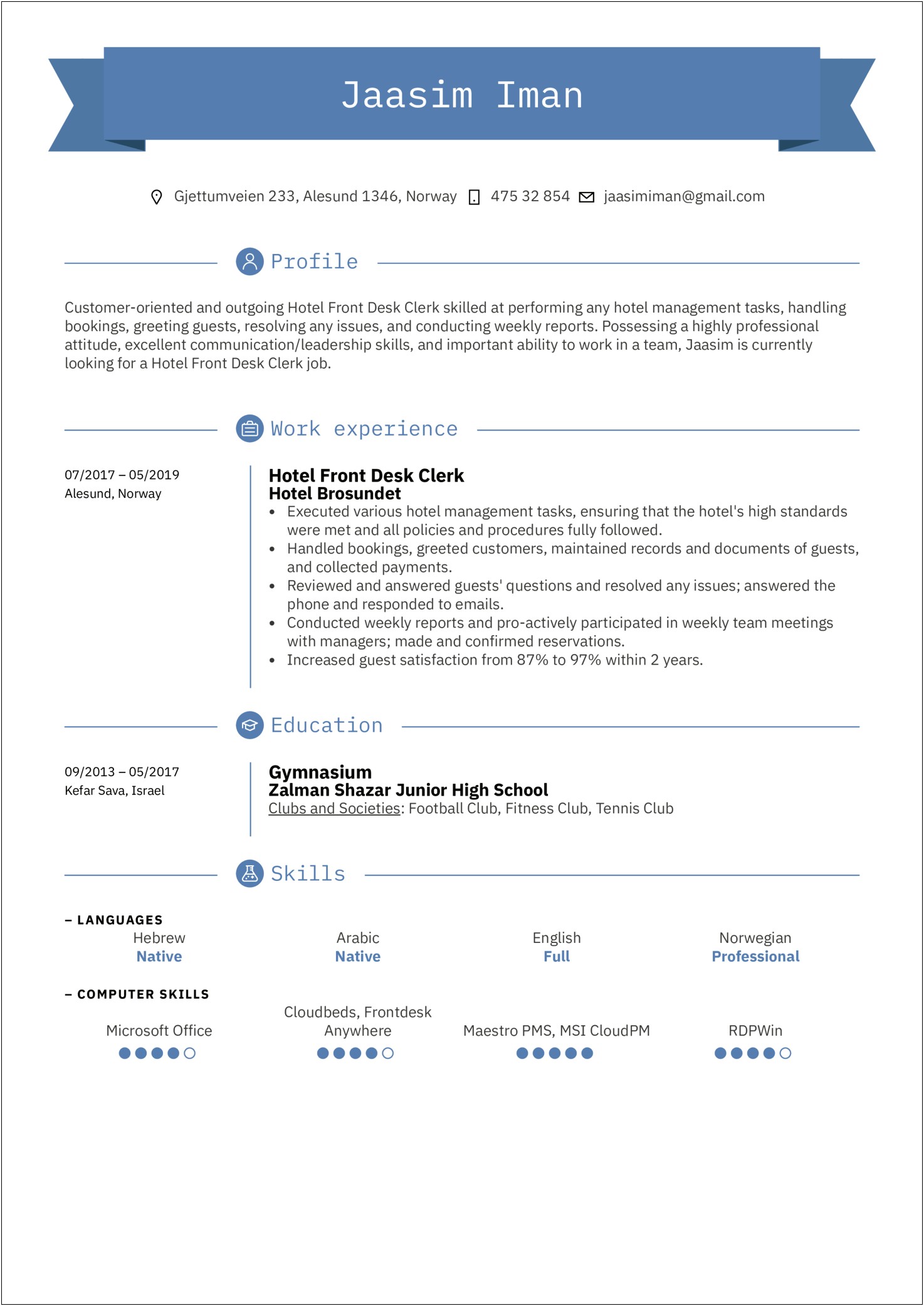 An Example Of A Resume For Front Desk