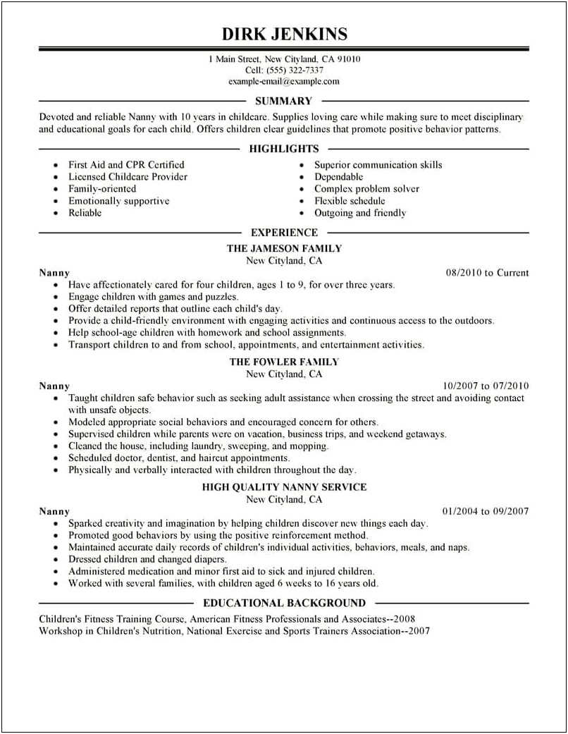 An Example Resume For A Nannying Job