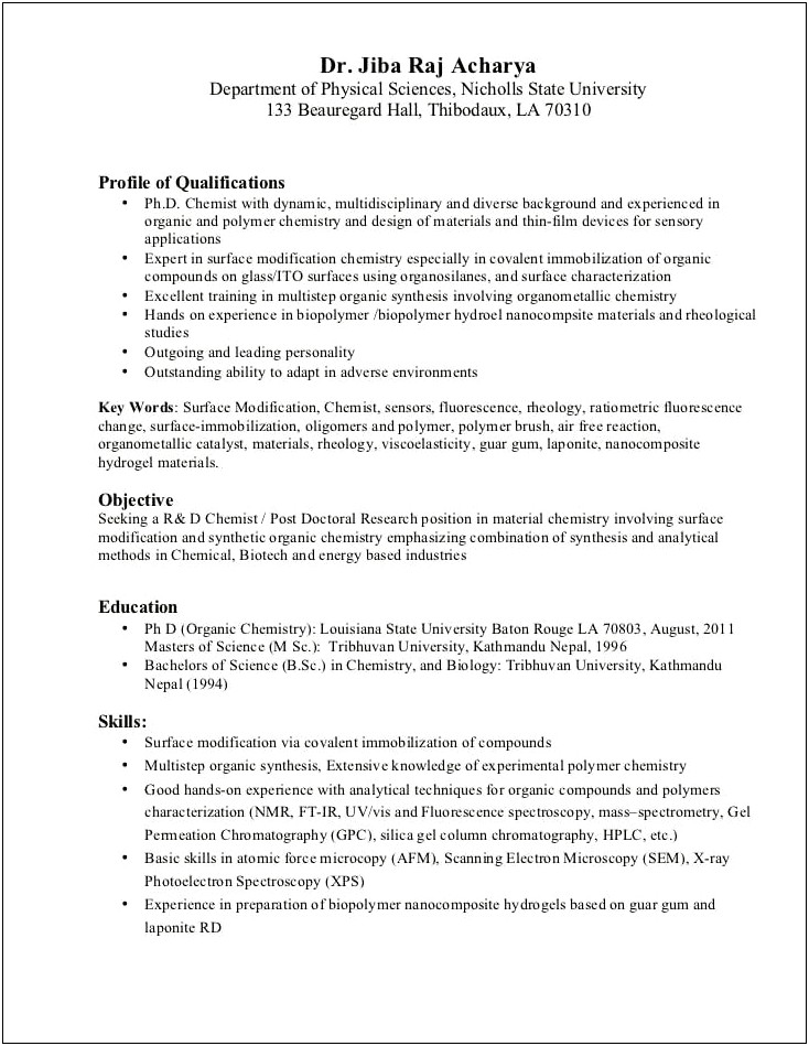 Analttical Scientist Chemist Resume With Objective