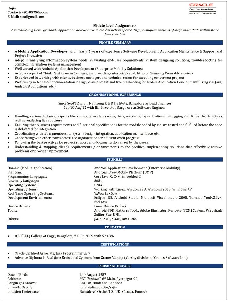 Android 1 Year Experience Resume Sample