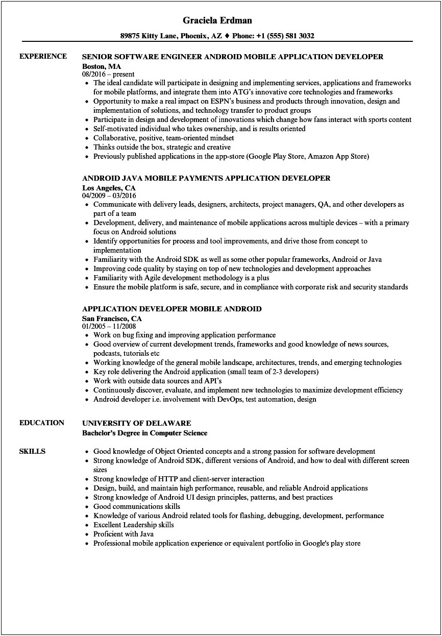 Android Developer 1 Year Experience Resume