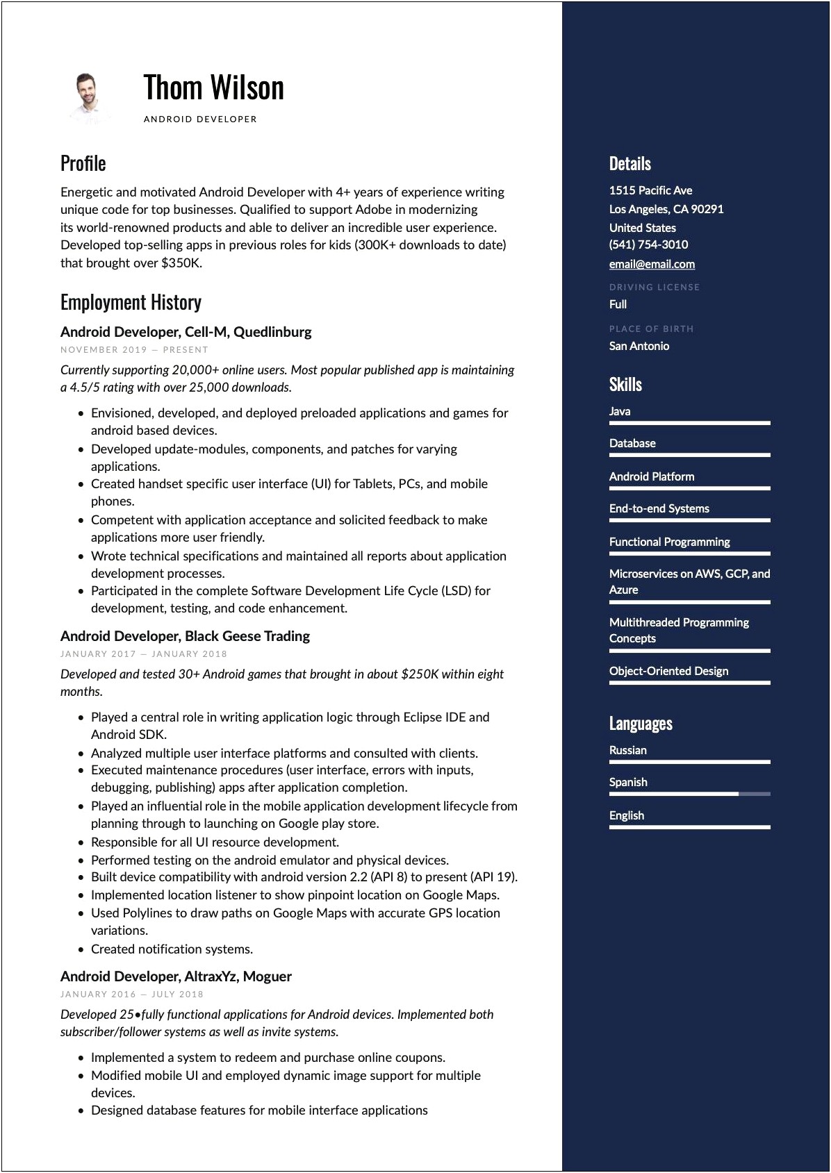 Android Developer Resume Template Free Download
