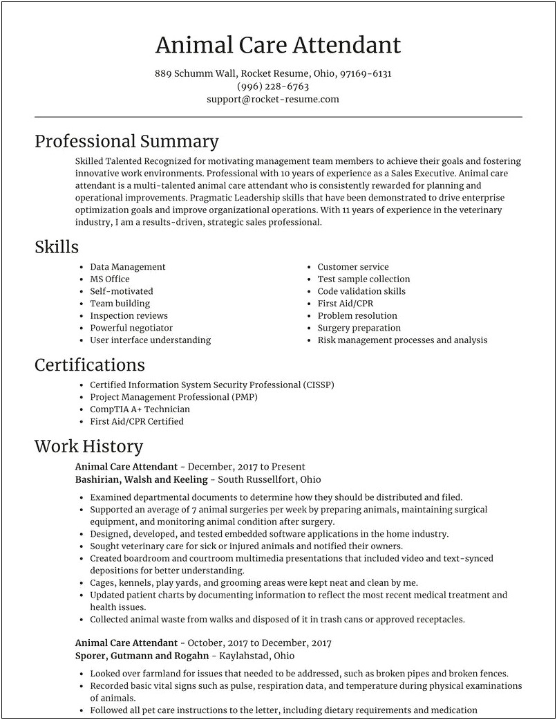 Animal Care Worker Objective Resume