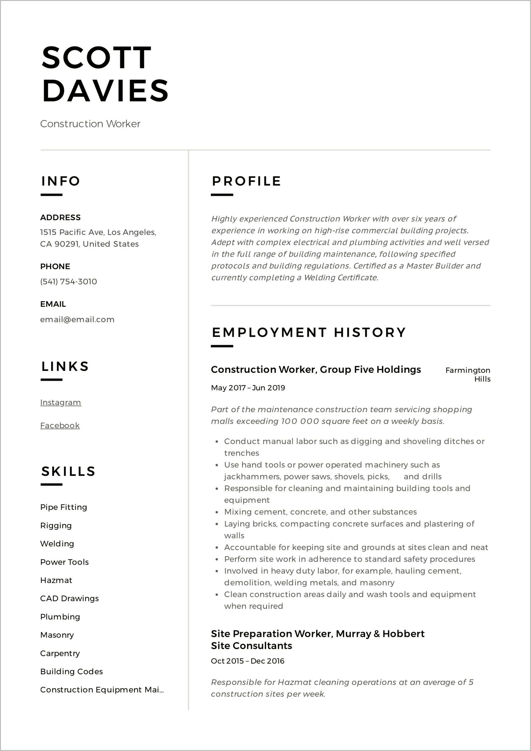 Another Word For Construction Worker For Resume