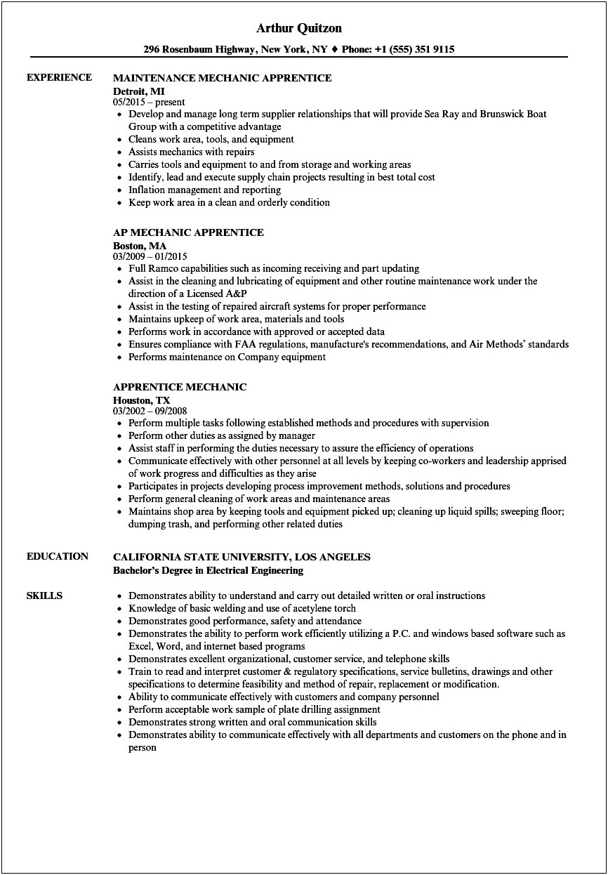 A&p Mechanic Resume Objective
