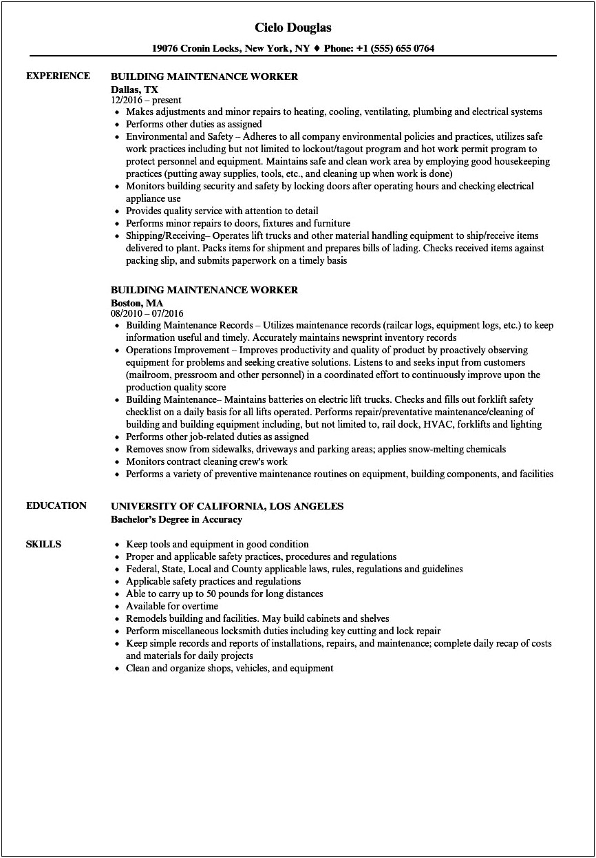 Apartment Maintenance Job Description Resume