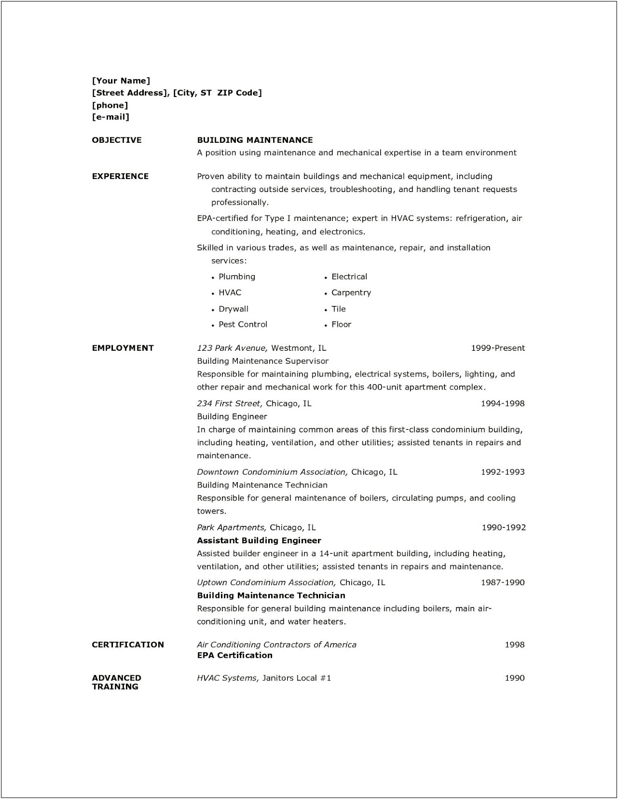 Apartment Maintenance Technician Job Description Resume