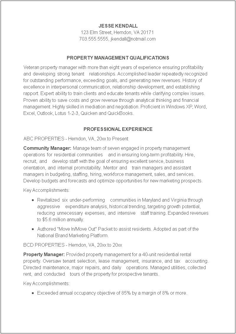 Apartment Manager Career Objective For Resume