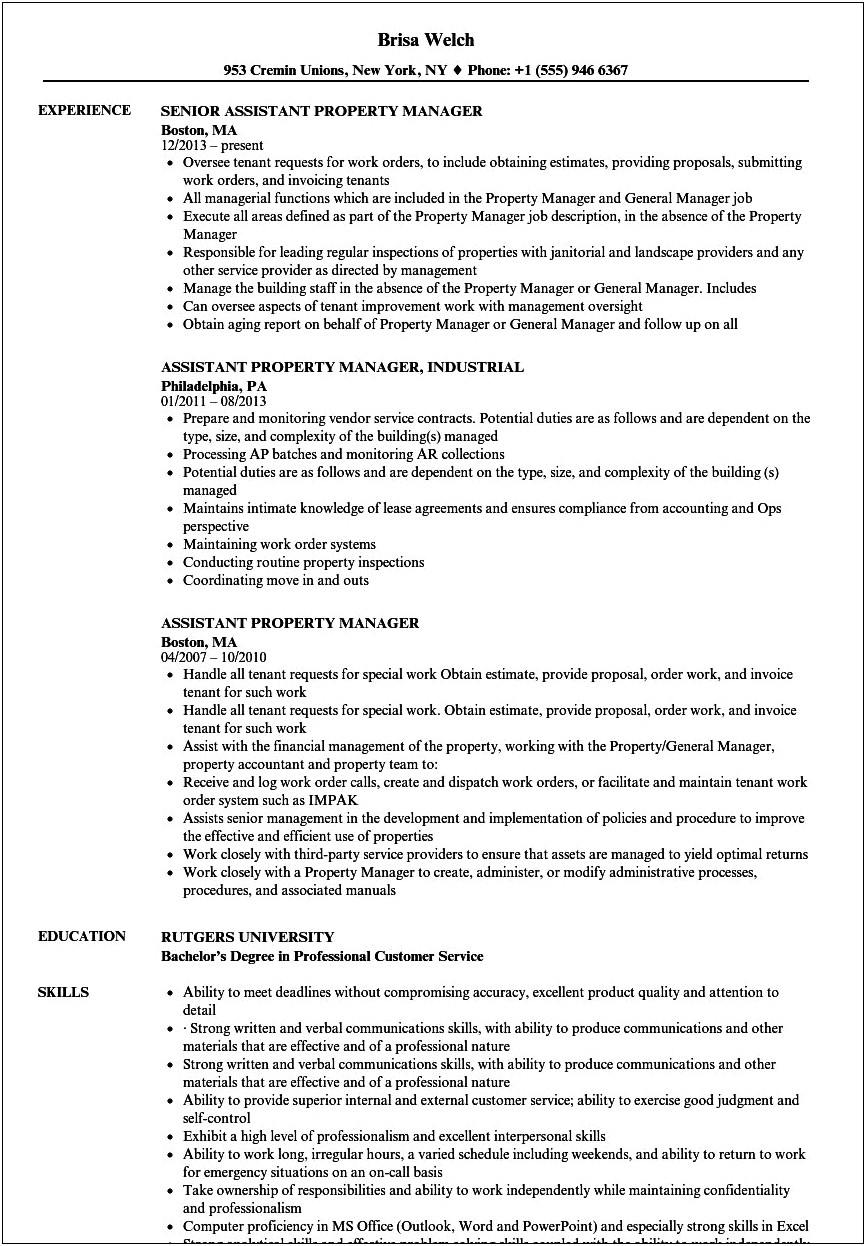 Apartment Manager Job Description Resume