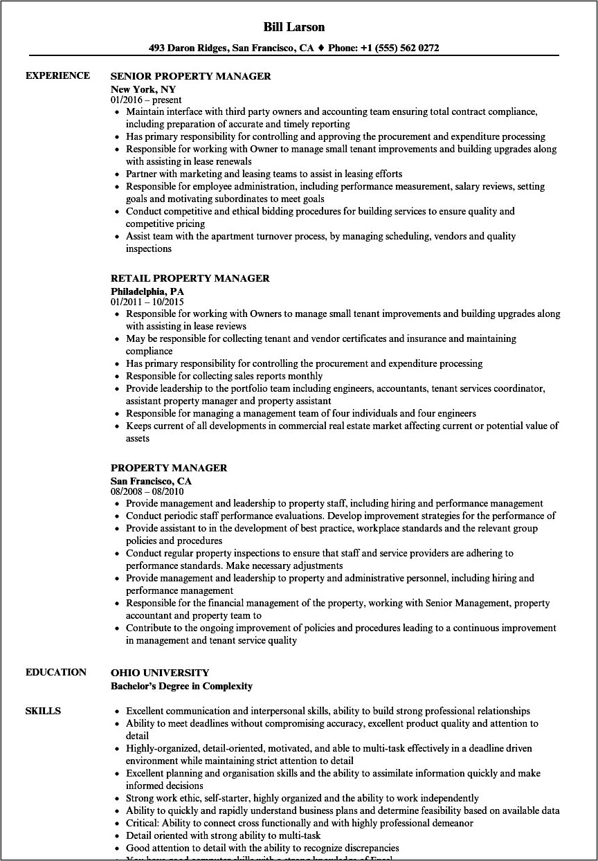 Apartment Property Manager Resume Sample