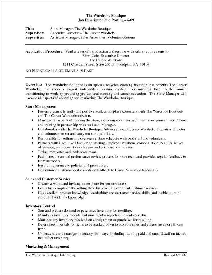 Apparel Store Owner Job Description For Resume