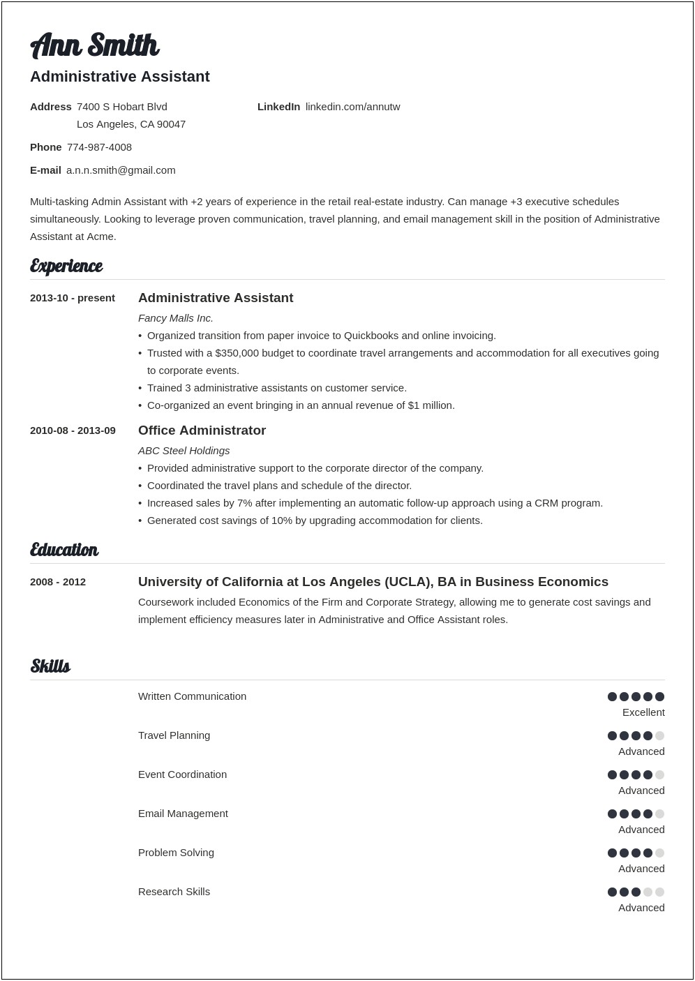 Applicant Tracking System Resume Template For Administrative Assistant