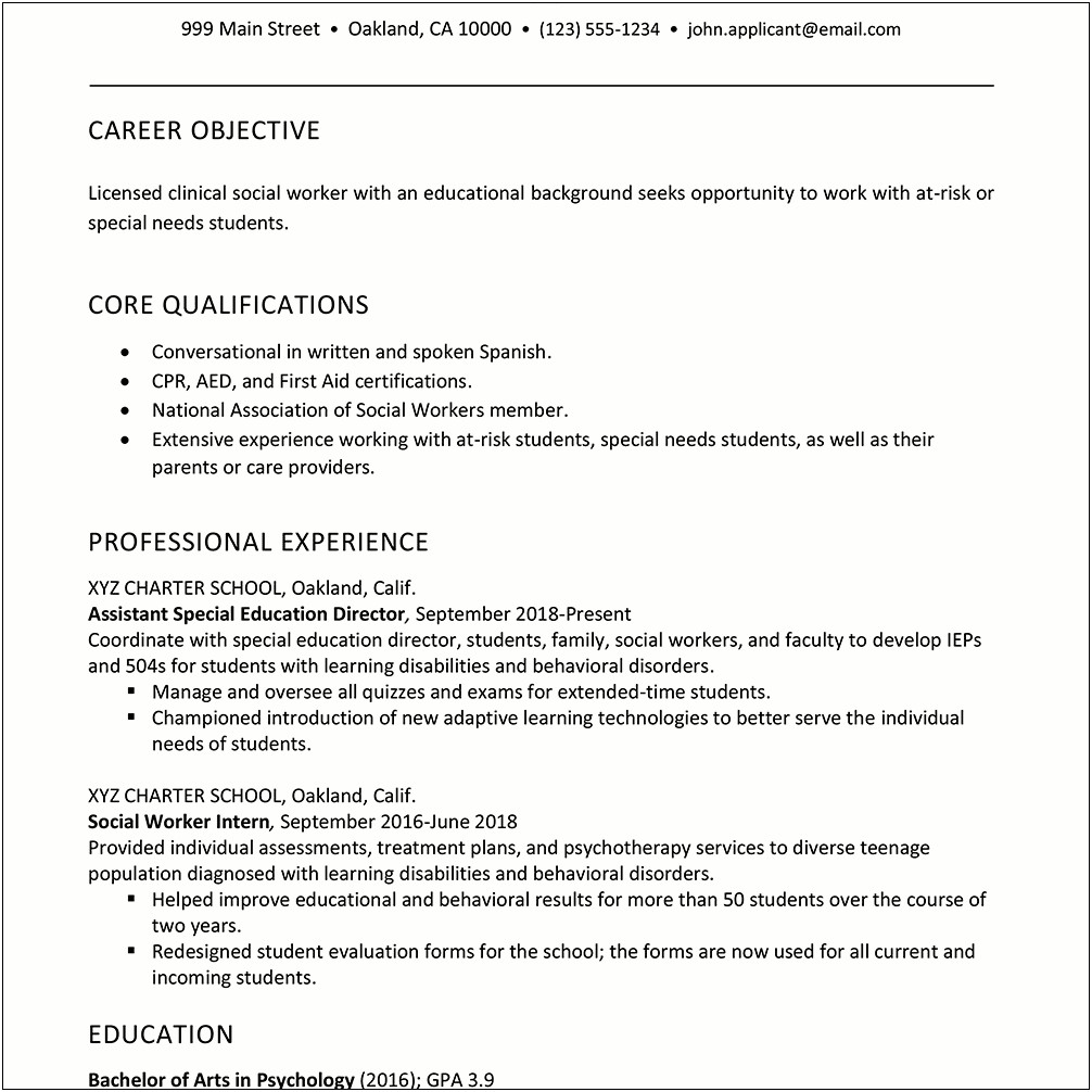 Applying For Social Work Internship Resume