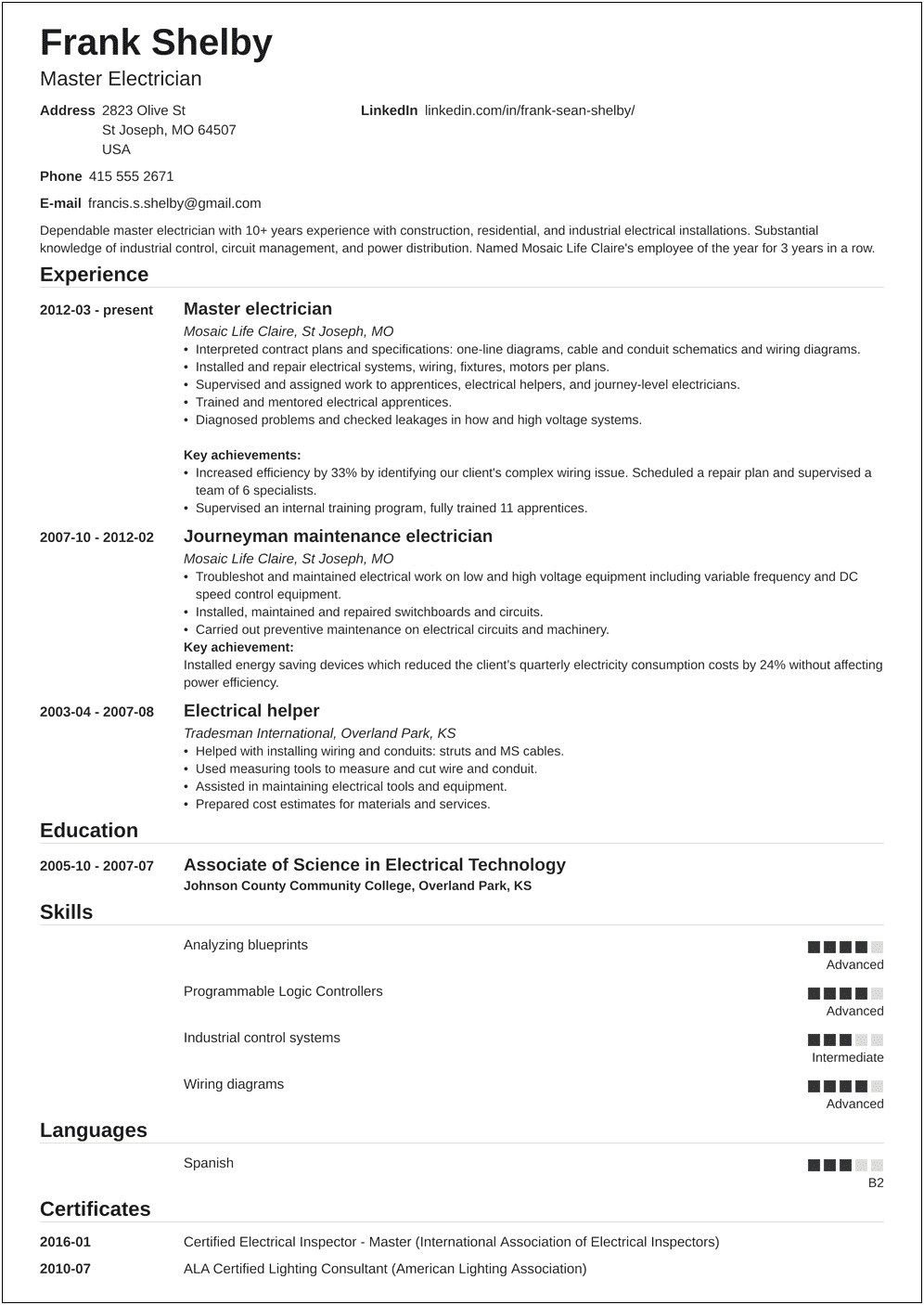 Apprentice Electrician Resume Objective Examples