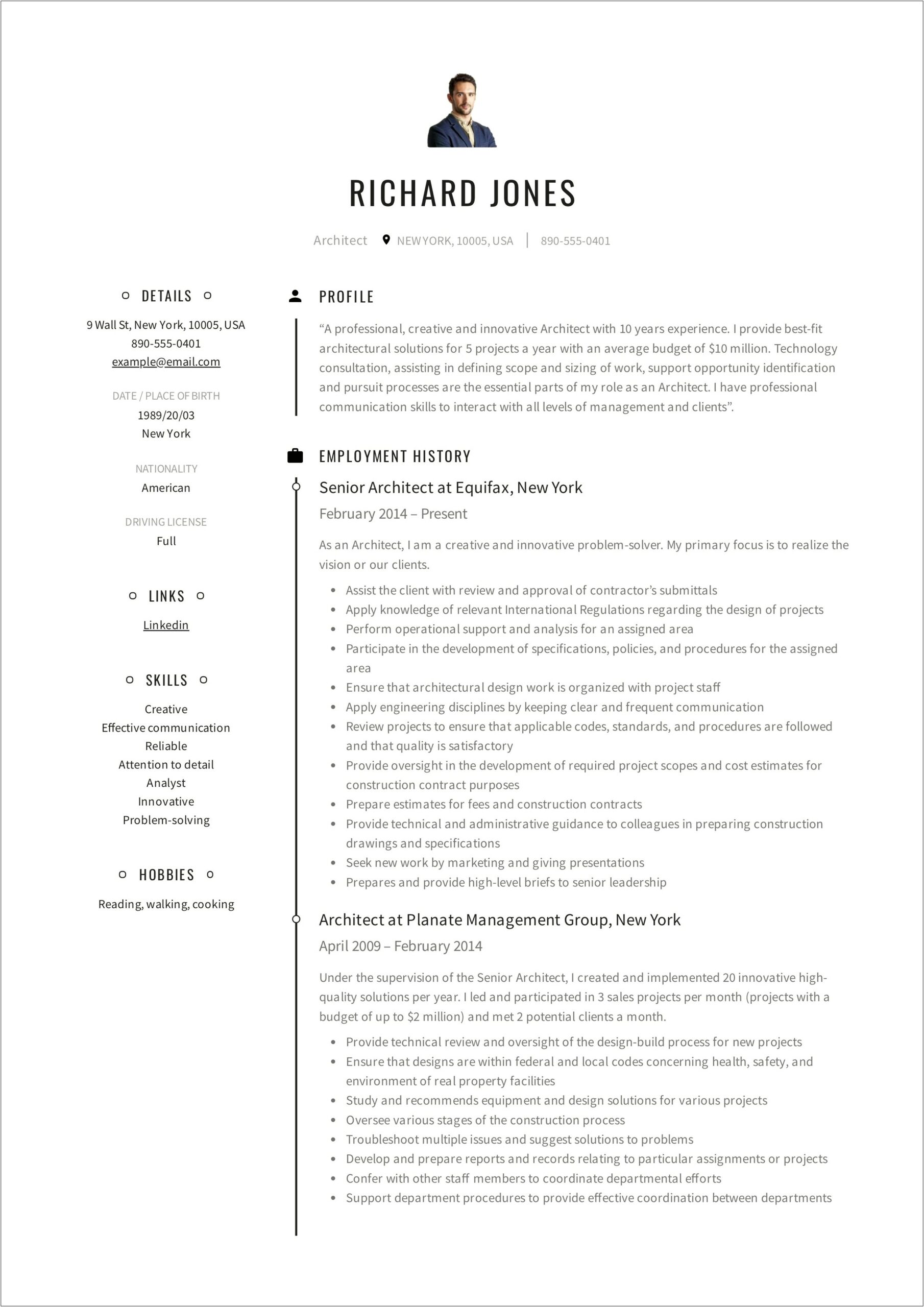 Architect Job Summary For Resume
