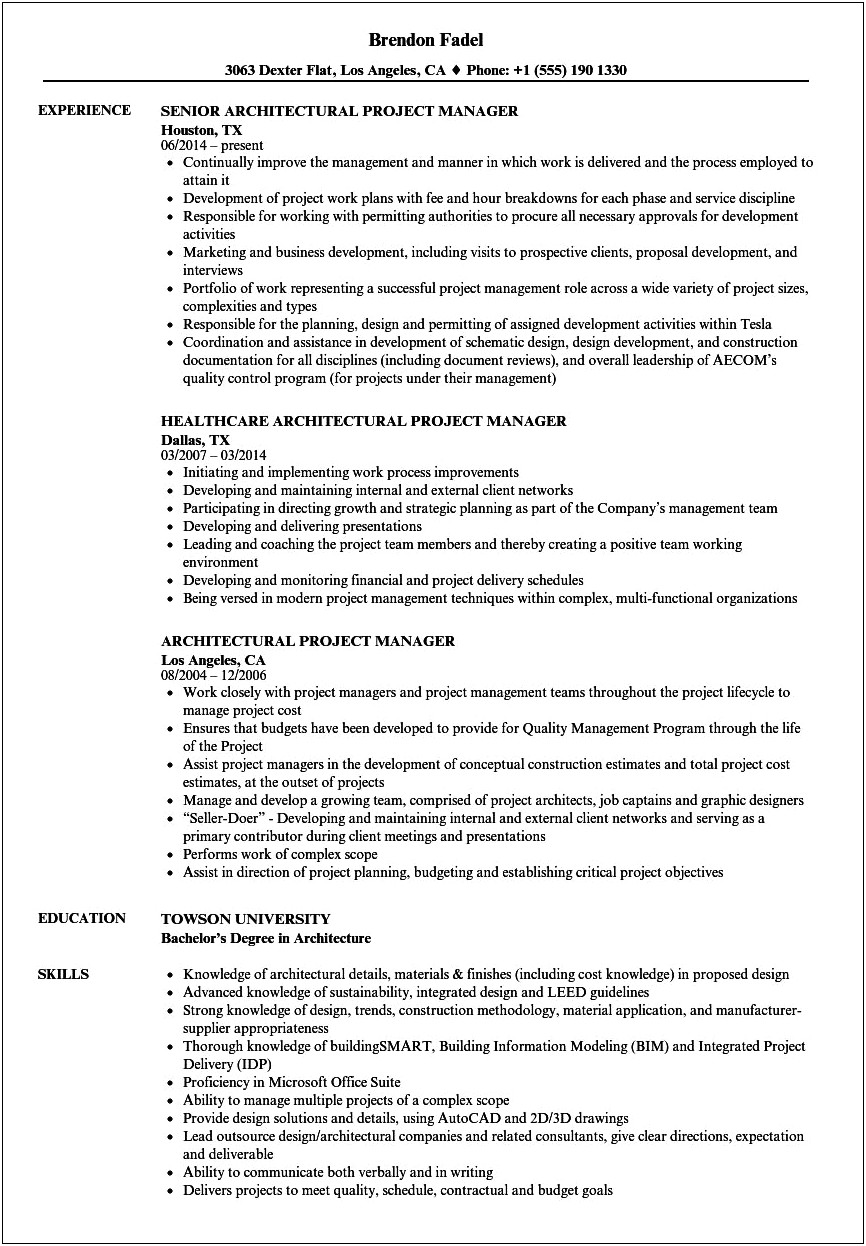 Architect Project Manager Resume Sample