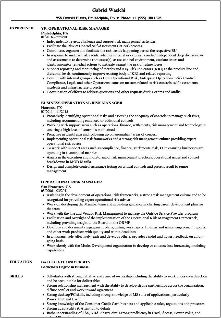 Area Of Expertise Resume Operations Manager Bank