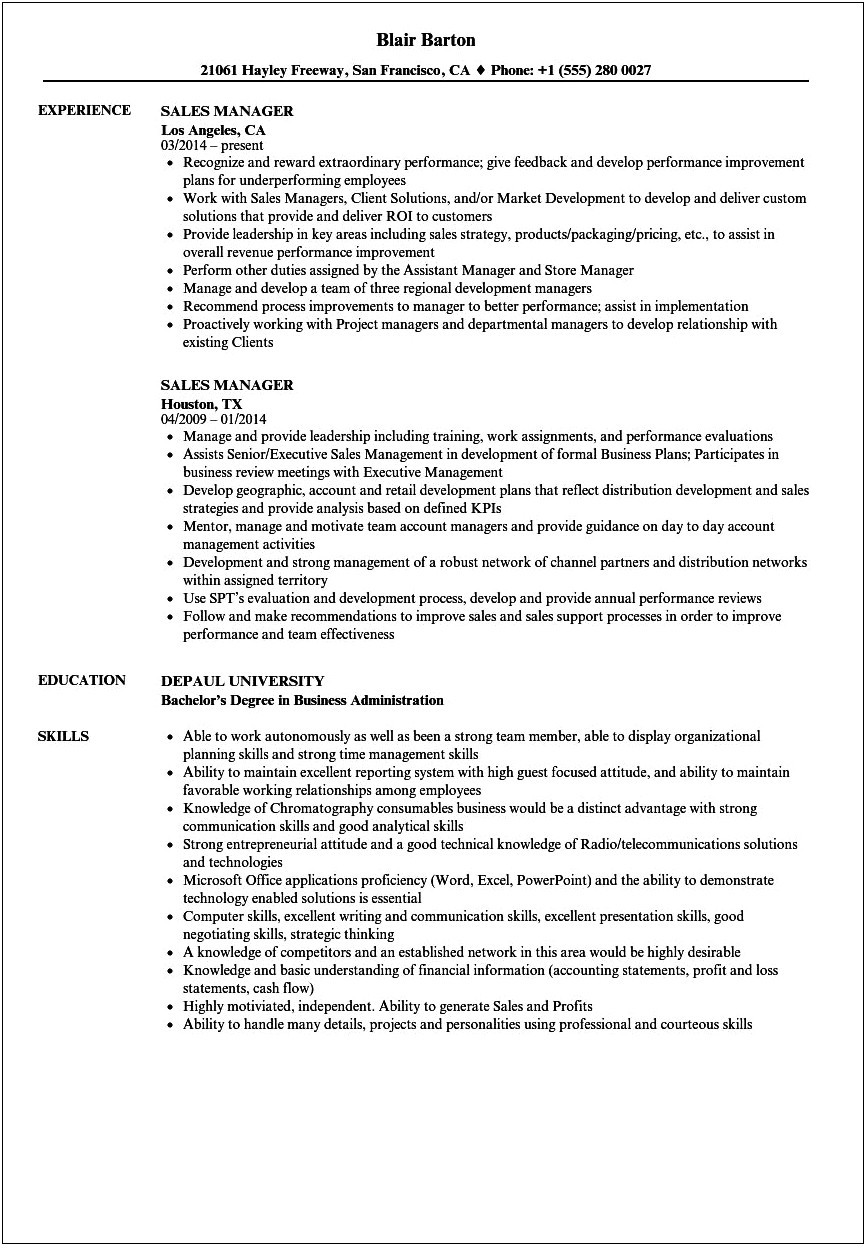 Area Sales Manager Resume Responsibilities