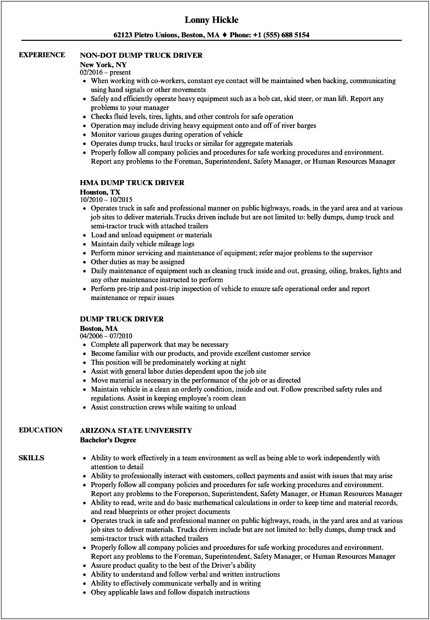 Armored Truck Delivery Resume Sample