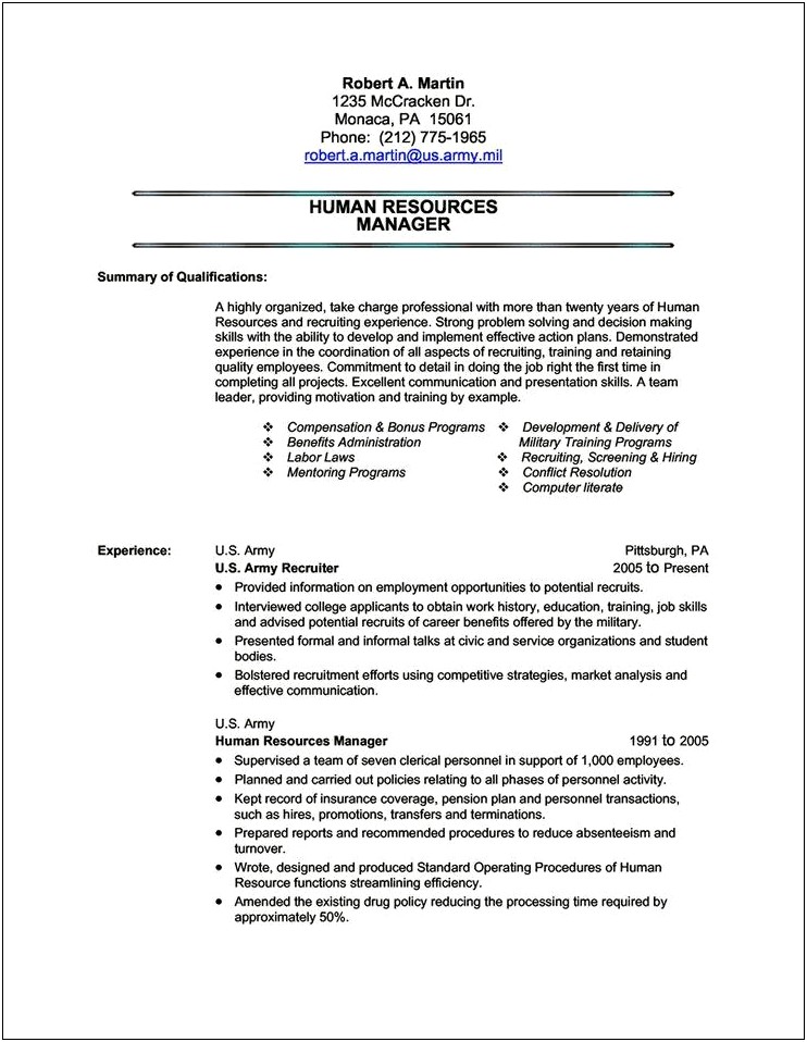 Army Hours Of Work For Resume